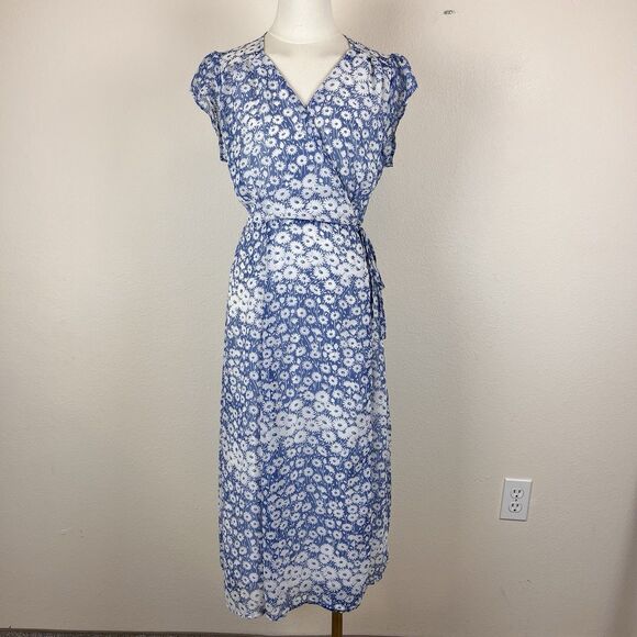 Urban Outfitters Dress Womens Medium Jessica Cap Sleeve Floral Wrap Midi Blue - Picture 16 of 16